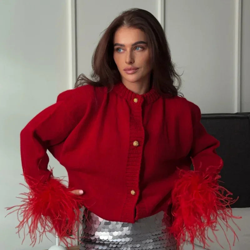 maoxiangshop - Women Luxury Velvet Patchwork Long Sleeve Red Sweater Elegant O Neck Single Breasted Crop Cardigan Autumn Lady Warm Knitwear