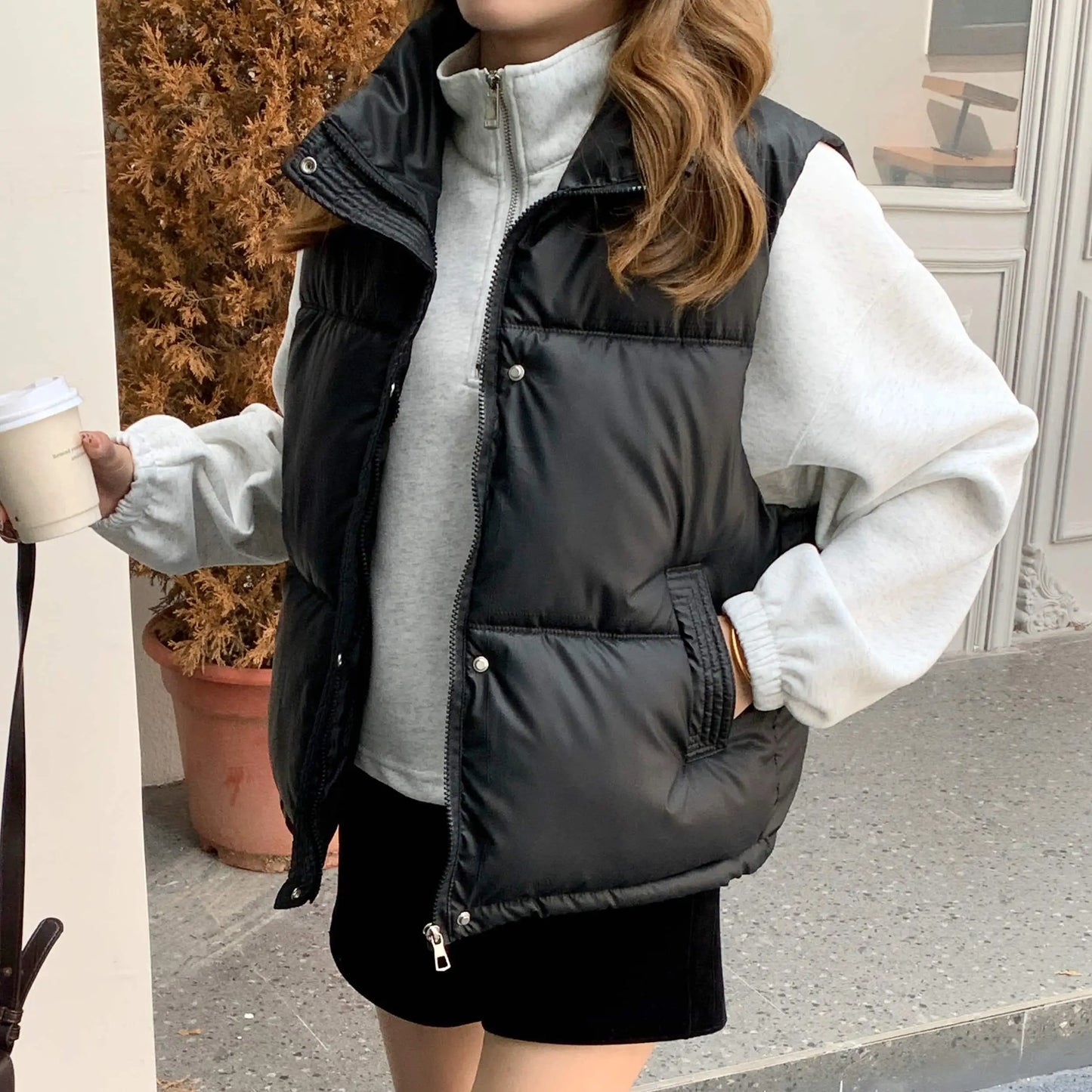 maoxiangshop - Korean Fashion Green Down Contton Vest Women's 2024 Winter Black Stand Collar Single Breasted Sleeveless Loose Waistcoat Popular