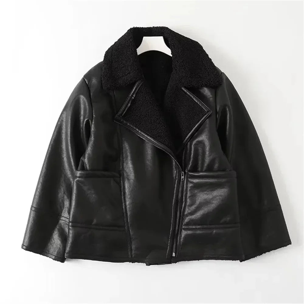 maoxiangshop - Autumn Winter Women Warm Black Zipper Faux Leather Jacket Coat Loose Turn Down Collar Thickness Overcoat Female Outwear