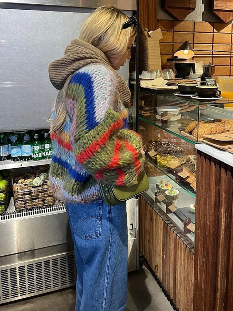 maoxiangshop - Casual Knitted Colorful Stripes Sweater Women Fashion O Neck Puff Long Sleeves Short Pullover Autumn Lady High Street Jumper