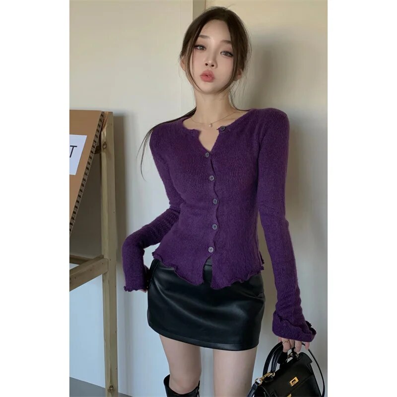 maoxiangshop Tight Button Cardigan Purple Knitted Sweater Women Winter New In Elegant Coat 2000s Clothes