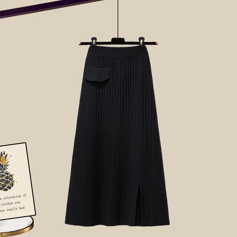 maoxiangshop Women's Autumn Dress Sets Female Loose Knit Shawl+Long sleeve Shirt+High Waist Knitted Half Skirt Three Piece Set Korean Fashion