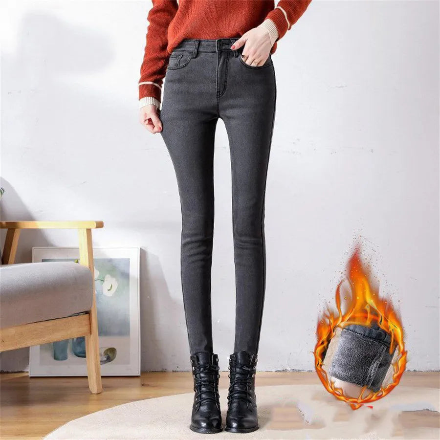 maoxiangshop Oversized Slim Velvet Lined Jeans Pencil Pants Winter Women Plush Stretch Vaqueros Trousers Mid Waist Thicken Warm Denim Spodnie