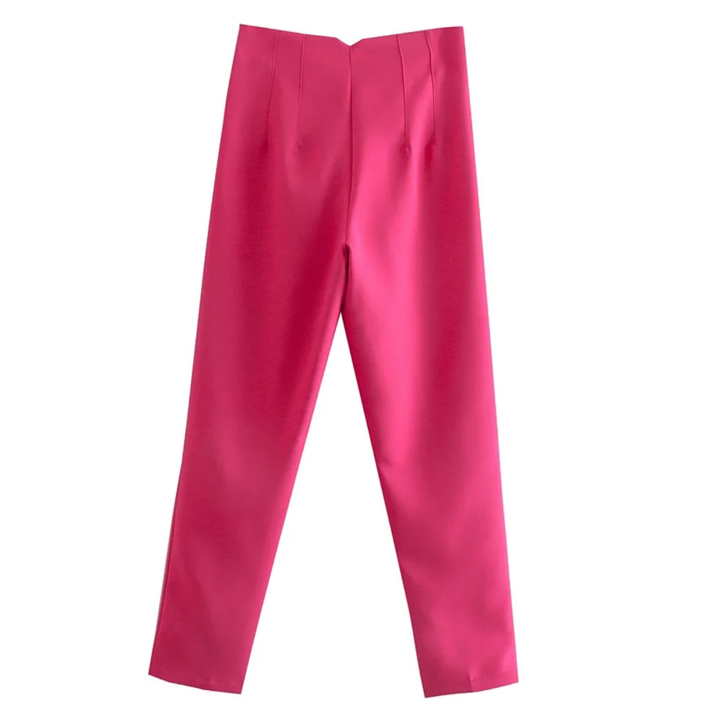 maoxiangshopWomen Light Blue Chic Fashion Office Wear Straight Pants Vintage High Waist Zipper Fly Female Trousers Fashion