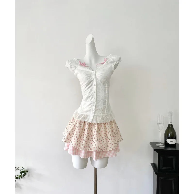 New French Elegant Fashion Women Outfits 2 Piece Skirts Set Casual Solid Blouse + Sweet Sexy Print Y2k Mini Skirt Hot Girl