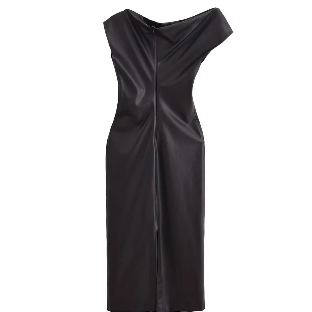 maoxiangshop - High Street Black Asymmetrical Faux Leather Women Dress 2024 New Autumn Women Sexy Zip-up Slim Vintage Dress Female Party Dress