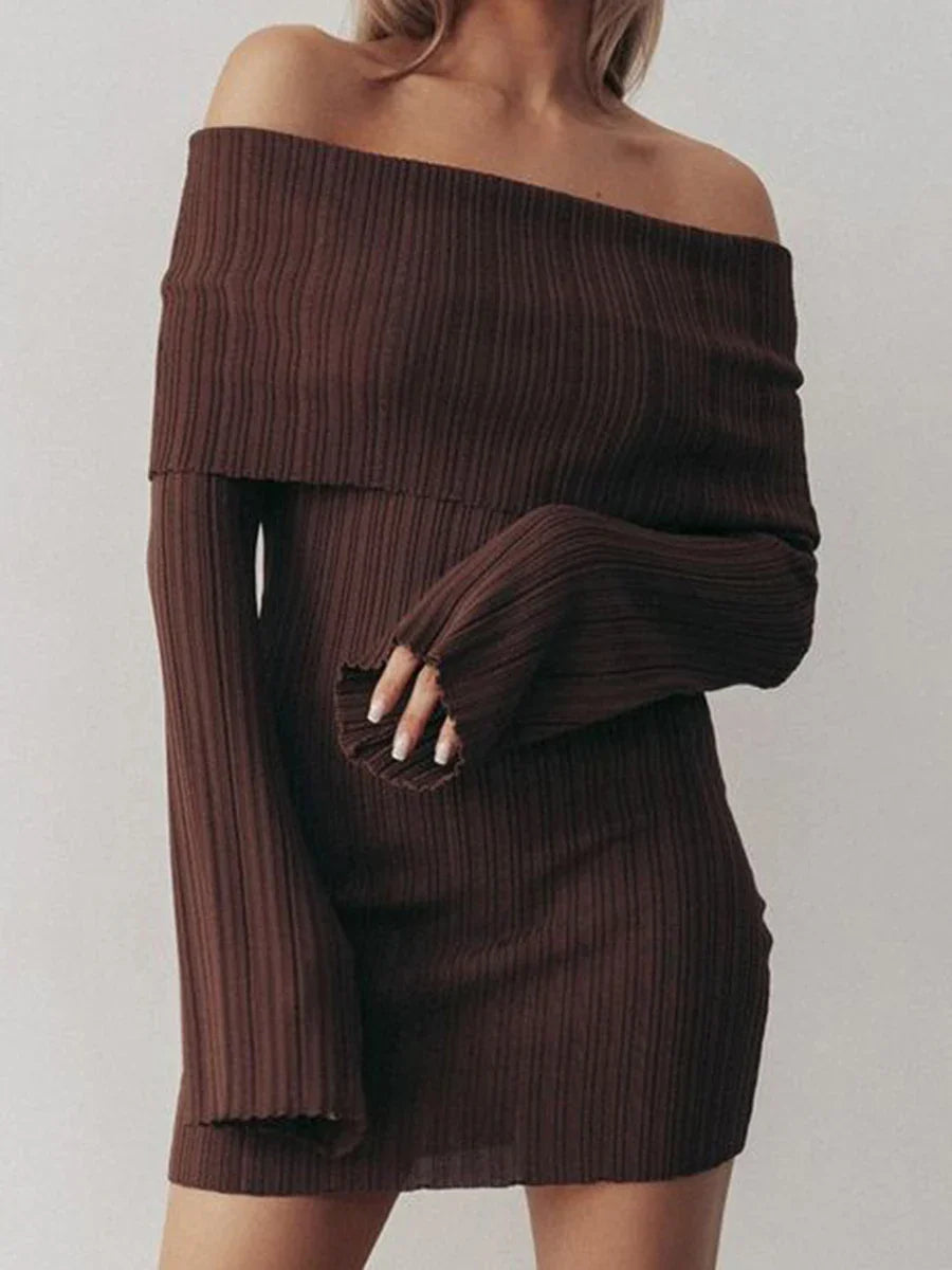 maoxiangshop - Off Shoulder Sexy Slim Mini Dress Women Autumn New Strapless Long Sleeve Solid Knitted Dresses 2024 Elegant Fashion A-line Dress