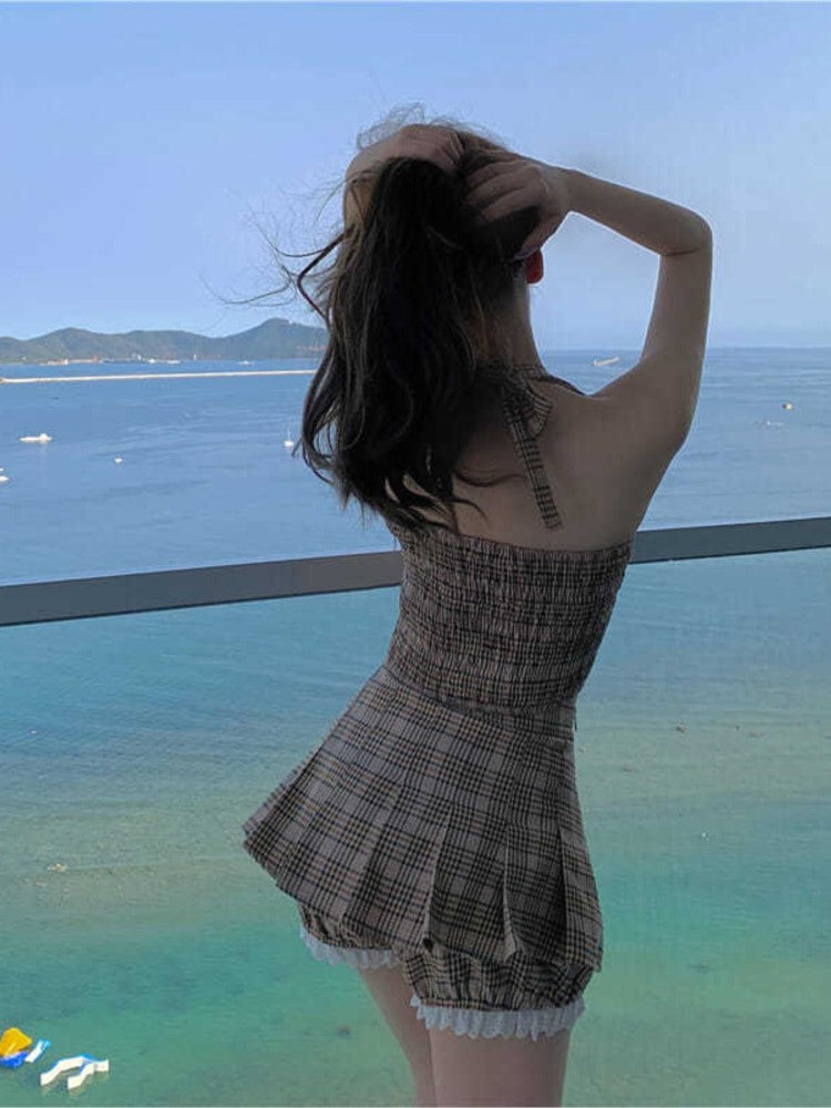 maoxiangshop Plaid Suit Women Camisole + Short Skirt Two-piece Sets Summer New Temperament Vintage Lace Patchwork Sleeveless Suit Trend