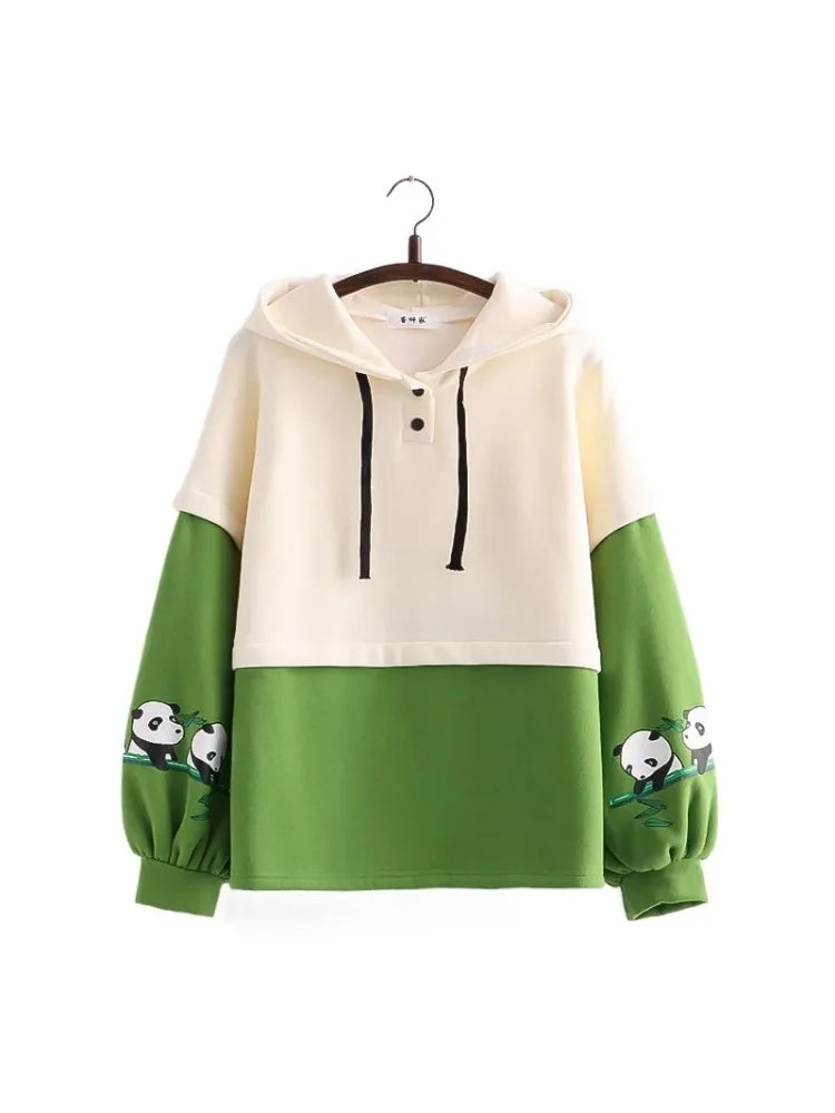 maoxiangshop Kawaii Panda Embroidery Fleece Women Hoodies Patchwork Drawstring Hooded Sweatshirt Winter Female Pullover Cute Tops
