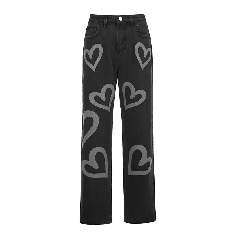 maoxiangshopBrown Baggy Girl Jeans Women Heart Print New Aesthetic Vintage 90s Streetwear Denim Trousers Low Waist Straight Pants
