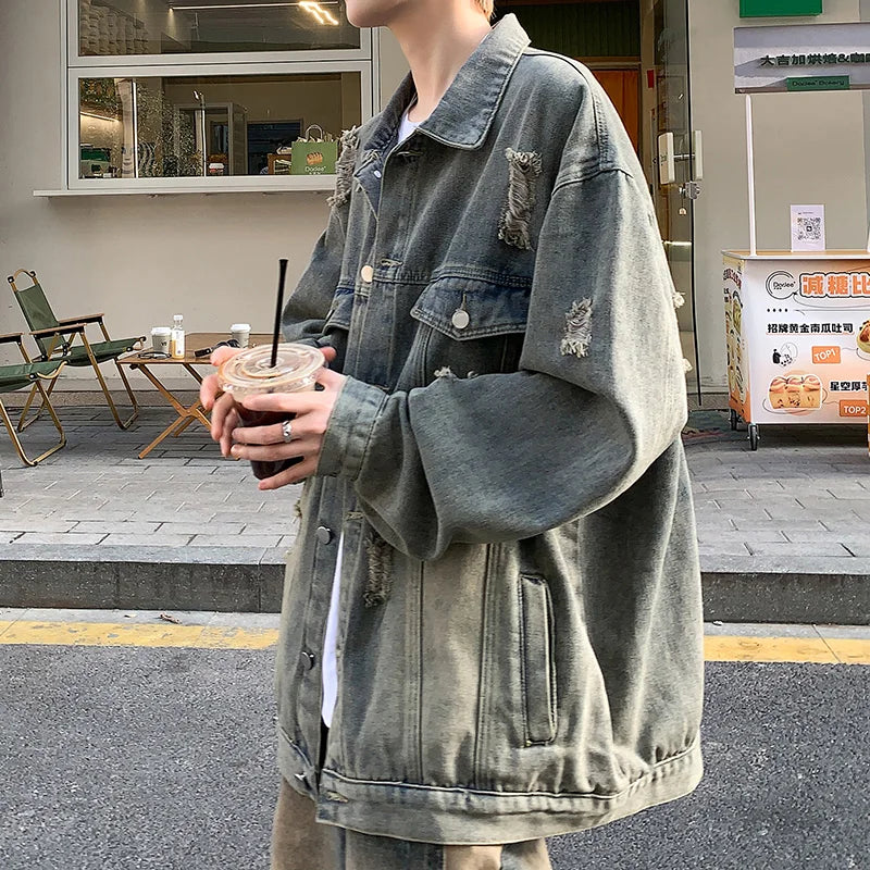 maoxiangshop FALL OUTFITS Denim Jackets Hip-hop Men's Streetwear Ripped Hole Jean Men Jackets Outerwear Denim Coats Turndown Collar Oversized Jacket