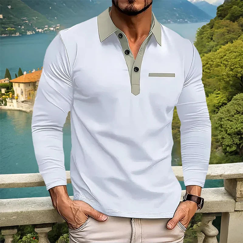 maoxiangshop Spring and Autumn Men's Long sleeved Polo Shirt Leisure Fashion Classic V-neck Polo Shirt European and American Large Sizes