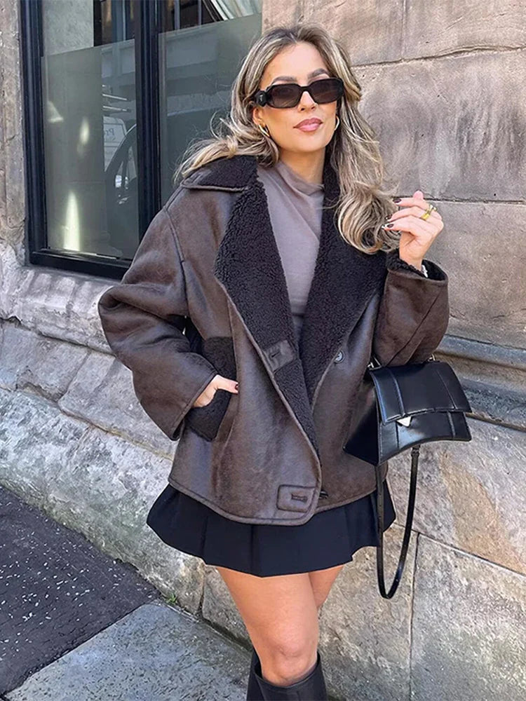 maoxiangshop - Thick Faux Leather Jackets for Women Autumn Winter Warm Jackets Woman 2024 Faux Wool Coats Long Sleeve Oversized Jacket