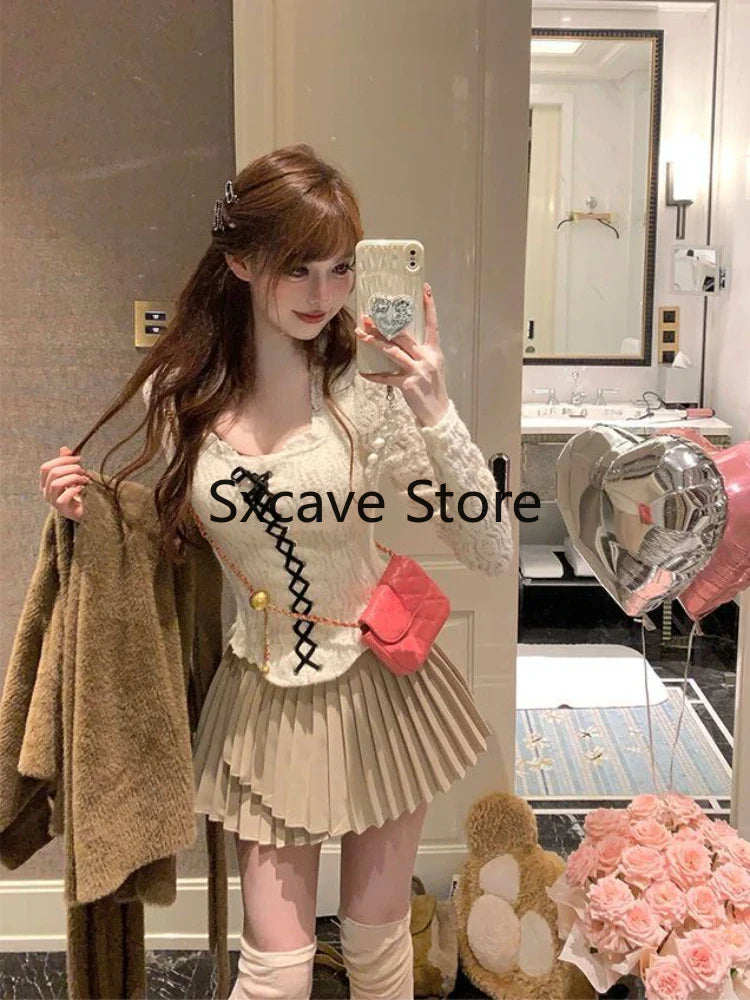 Autumn Pure Color Knitted Sweater Women Outwear Casual Long Sleeve Sexy Vintage Lace Pullovers Bodycon Y2k Blouse Korean