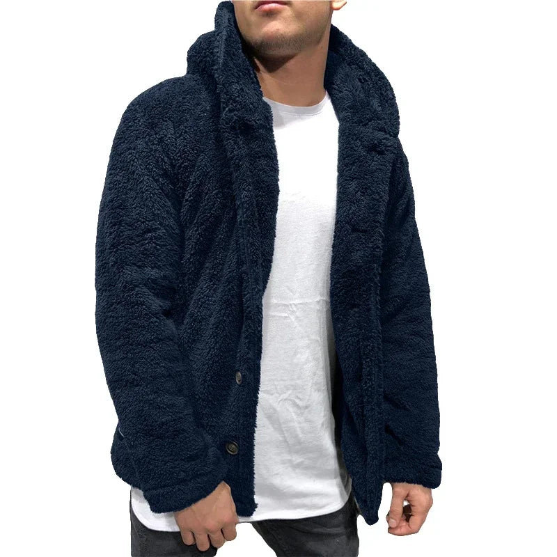 maoxiangshop Men's Teddy Bear Fleece Coat Cardigan Winter Warm Hooded Coat Fashion Solid Color Long Sleeve Pocket Button Hooded Warm Coat