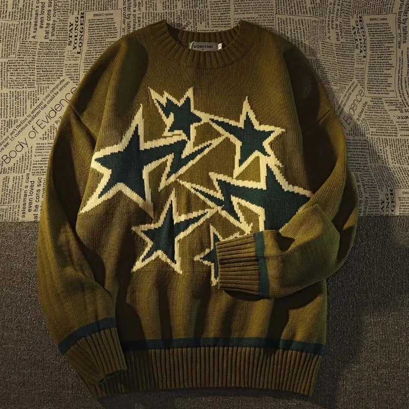 maoxiangshop Autumn and Winter Sweater Men Women American Style Star Print Loose Knitted Pullover High Street Harajuku Oversize Tops Y2K New