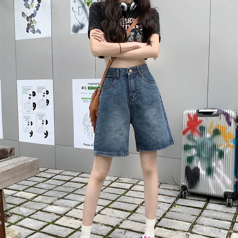 maoxiangshop Y2k Baggy Shorts Pants Women Summer Vintage Blue Wide Leg Denim Short Korean Fashion Casual Female Knee Length Jeans Mujer