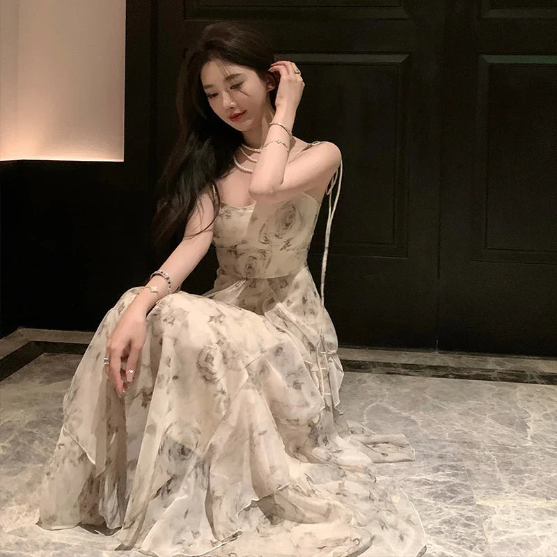 maoxiangshop Vintage Shivering Print Dress for Women Sling Sleeveless Slim Flounce Chiffon Casual Korean Long Dresses Female Clothing Summer