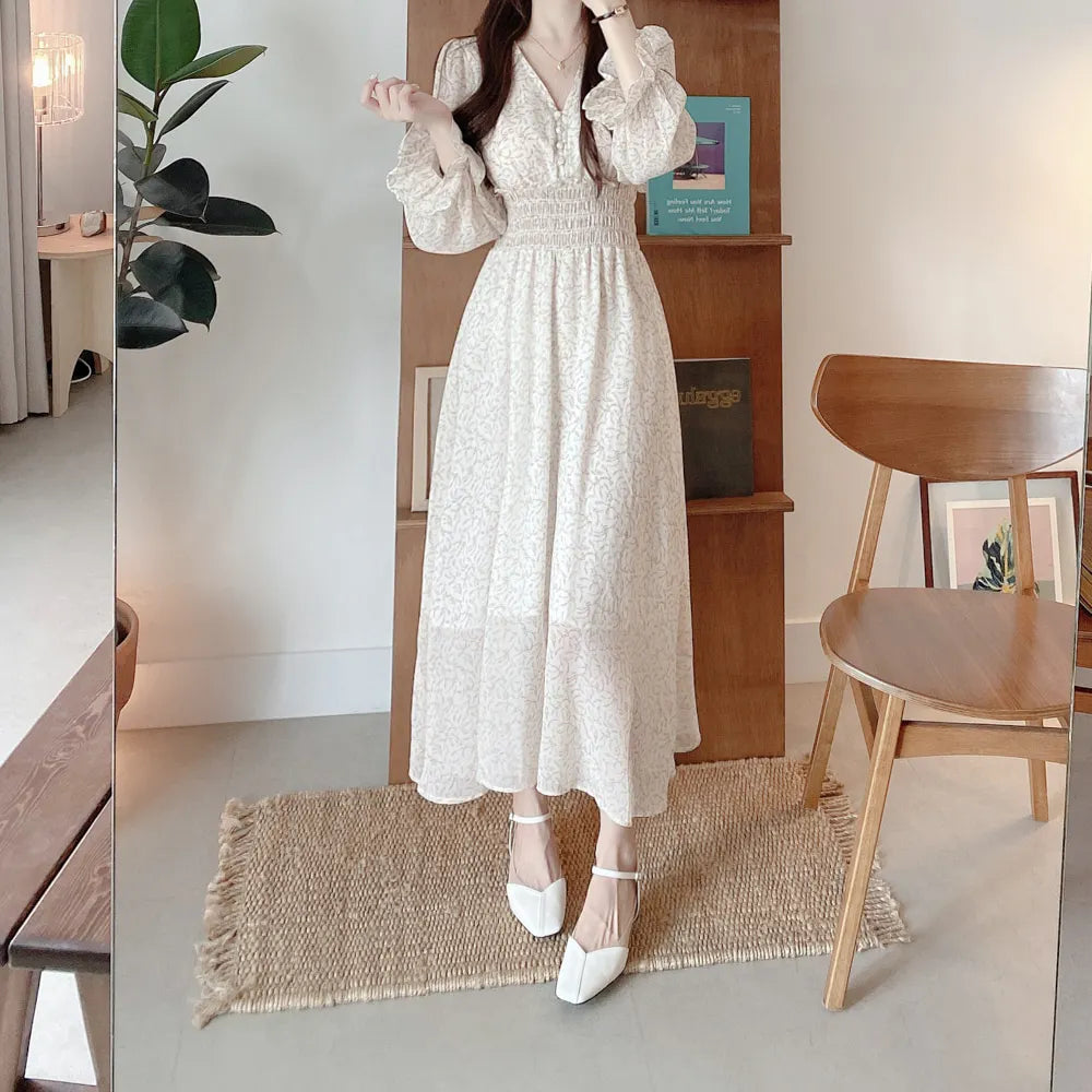 maoxiangshop Korean Floral Print Midi Dresses for Women Summer New Pleated Slim Waist V-neck Long Sleeves Chiffon Sweet Female Clothing