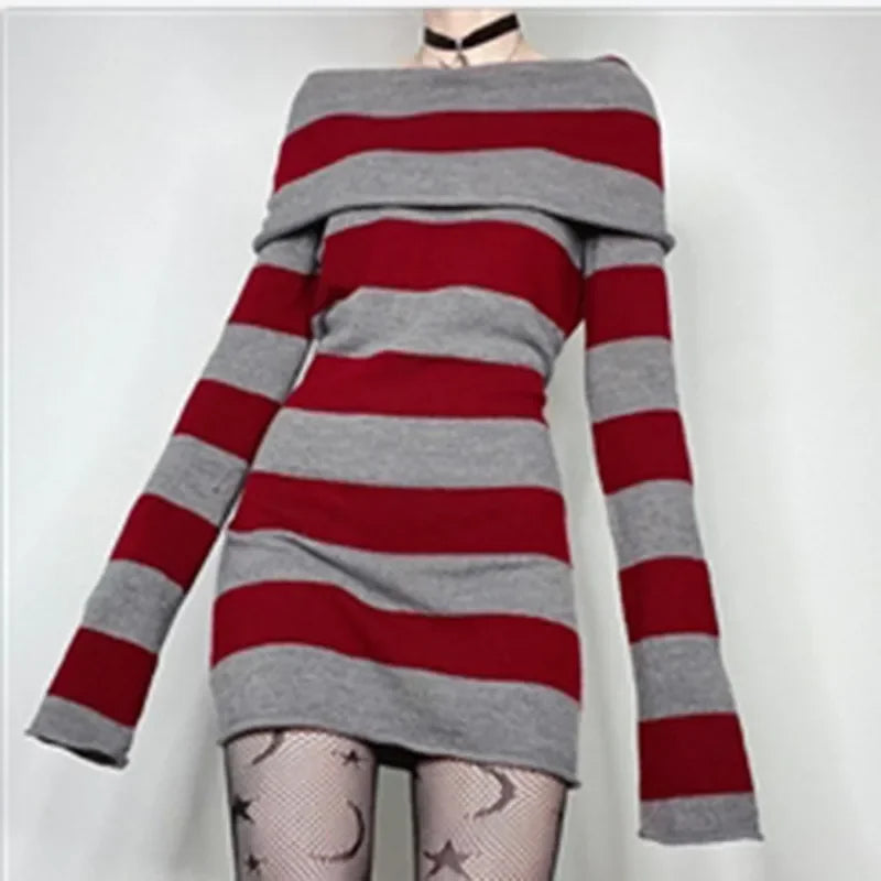 maoxiangshop - Striped Knitted Sweater Mini Dress 2024 Fall Winter Women Boat-neck Off Shoulder Long Sleeve Bodycon Casual Dresses Party Outfit