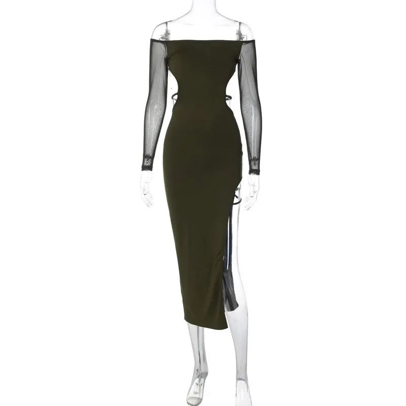 maoxiangshop - Mesh Patchwork Off Shoulder Long Sleeve Backless Midi Bodycon Dress Women Autumn Sexy Sheer Split Party Dresses Clubwear Dresses