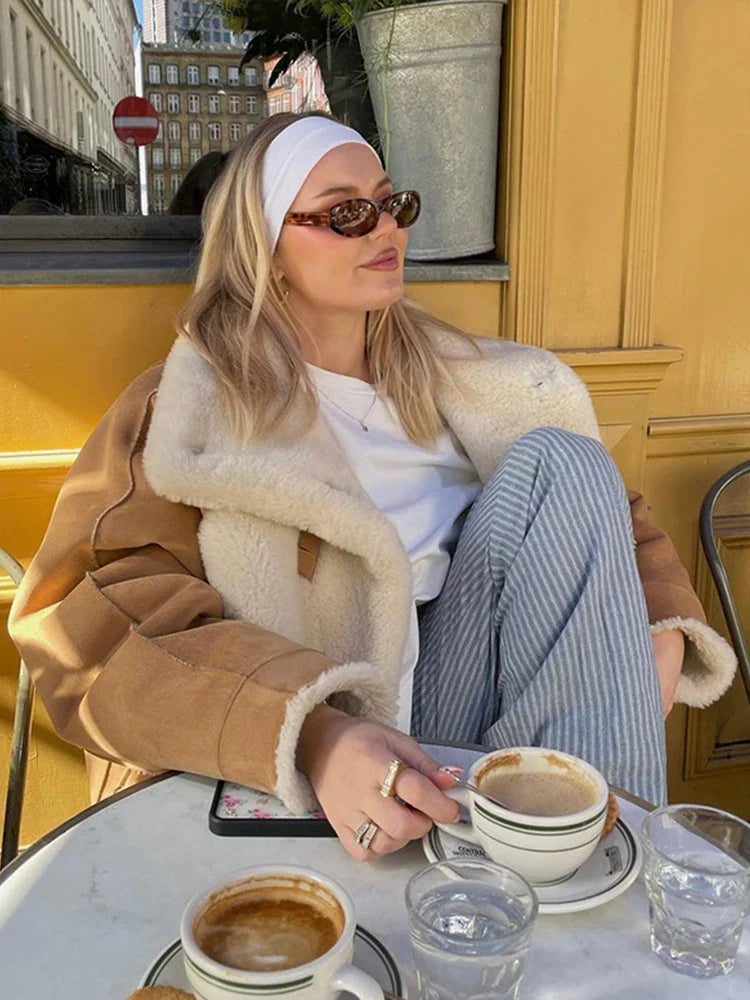 maoxiangshop - Fur Lined And Suede Integrated Long Coat Women Turn-down Collar Loose Pocket Trendy Single Breasted Outwear 2024 Winter Chic Top