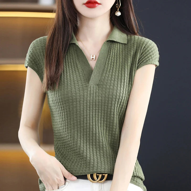maoxiangshop Spring and Summer New Cashmere Sweater Polo collar Women's Short sleev Knitted Sweater Loose Thin Pullover Short-Sleeved