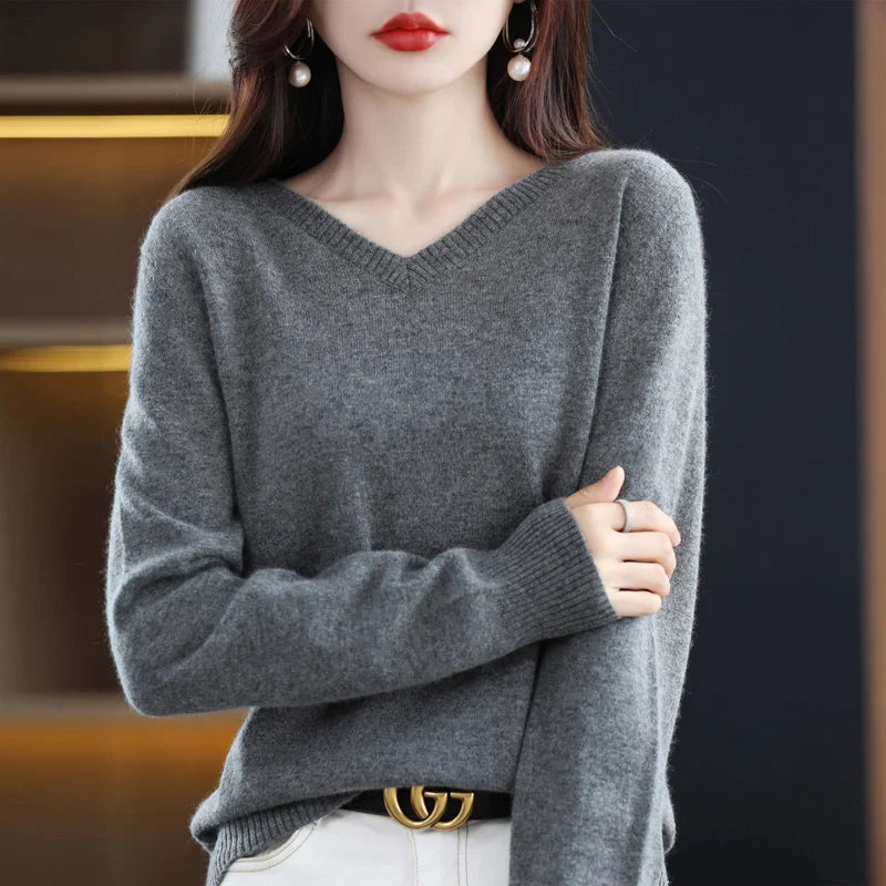 maoxiangshop Cashmere Sweater Women's Knitting Sweater 100% Pure Merino Wool Winter Fashion Basic V-neck Chic Top Autumn Warm Pullover