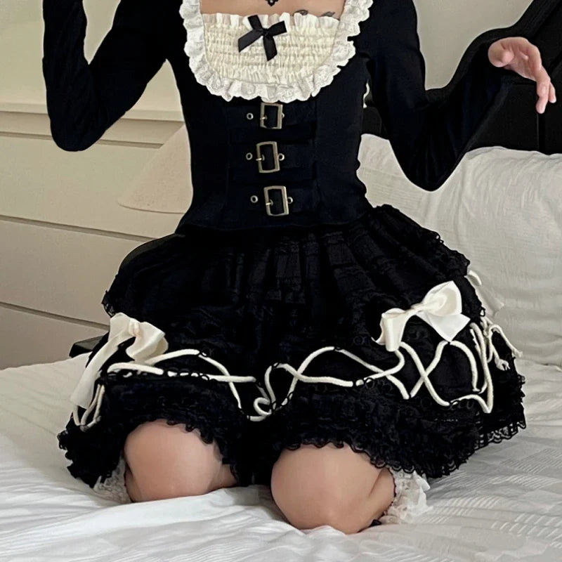 maoxiangshop - Gothic Lolita Skirt Women Japanese Harajuku Fashion High Waist A-line Bow Lace Patchwork Vintage Black Cake Skirt