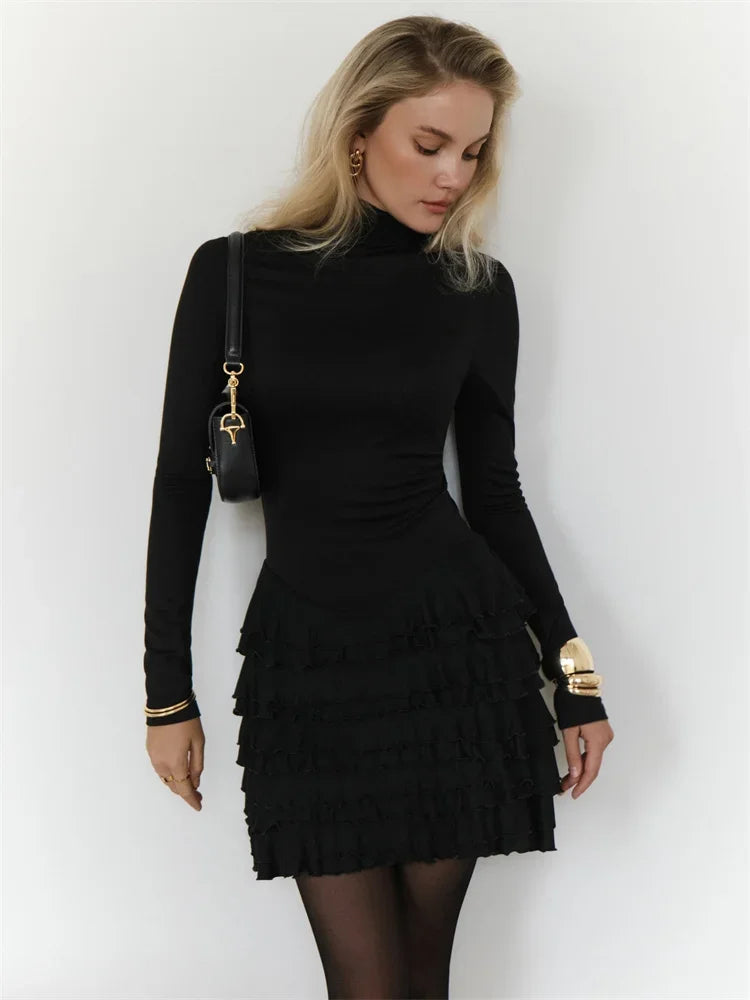 maoxiangshop - Black Ruffled Fashion MIni Dress Women's Long Sleeve Skinny Solid High Waist Patchwork Dress Female Autumn Party Dress New