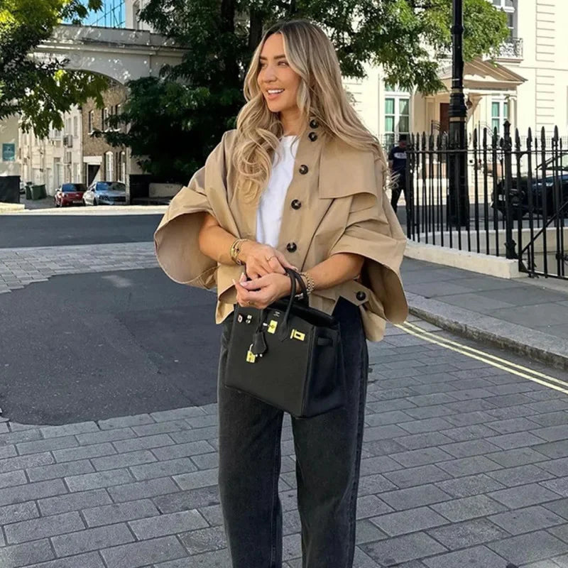 maoxiangshop - Khaki Lapel Short Cape Jacket Women Casual Single Breasted Mid Length Sleeve Coat 2024 Autumn Lady Fashion Street Warm Outerwear