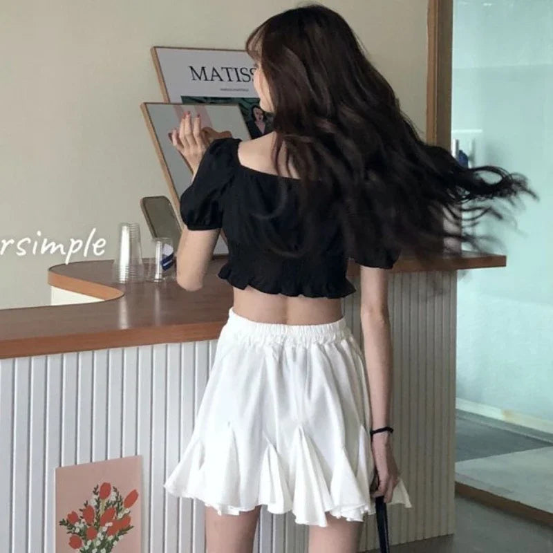 maoxiangshop Kawaii Ruffles Mini Skirt Women Korean Style White High Waist A-line Patchwork Lace-up Cute Pleated Skirt Shorts Summer