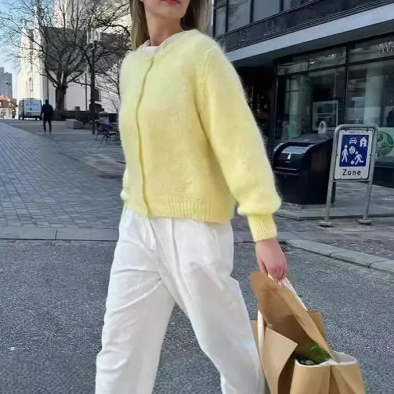 maoxiangshop - Casual Knitted Cardigan Women's Loose Versatile Solid Button Knitted Long Sleeve Sweater Autumn Office Warm Jacket Top