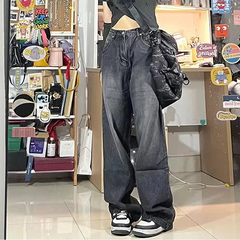 maoxiangshopWomen Vintage Streetwear Black Baggy Korean Jeans High Waiste Oversize Wide Leg Pants Grunge Denim Trousers Y2K Alt Clothes