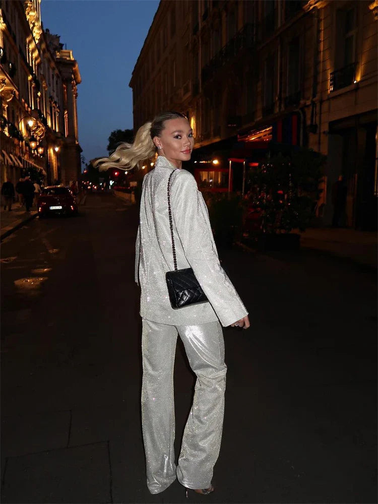 Sliver Sparkly OVersized Blazer Sets For Women Suit Ladies Casual Glitter Coat And Pants Sets Blazer Femme Mujer Party