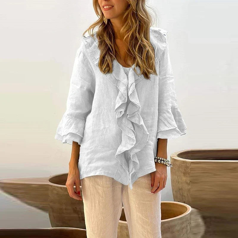 maoxiangshop - Autumn Casual Loose 3/4 Flying Sleeved Blouse Retro Solid Single Breasted Office Clothing Elegant V Neck Ruffles Women Pullover