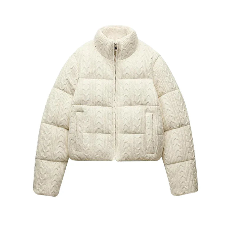 maoxiangshop - Knitting Cotton Print Down Short Jackets Women Thickening Solid Zipper Stand Collar Jacket Female Winter Chic Windproof Outwear