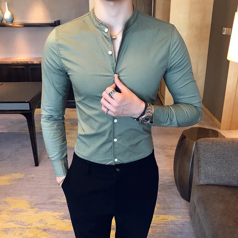 maoxiangshop Men Slim Fit Shirt Autumn Cotton Solid Stand Collar Casual Business Long-sleeved Shirts Male Fashion Camisas Men Clothing