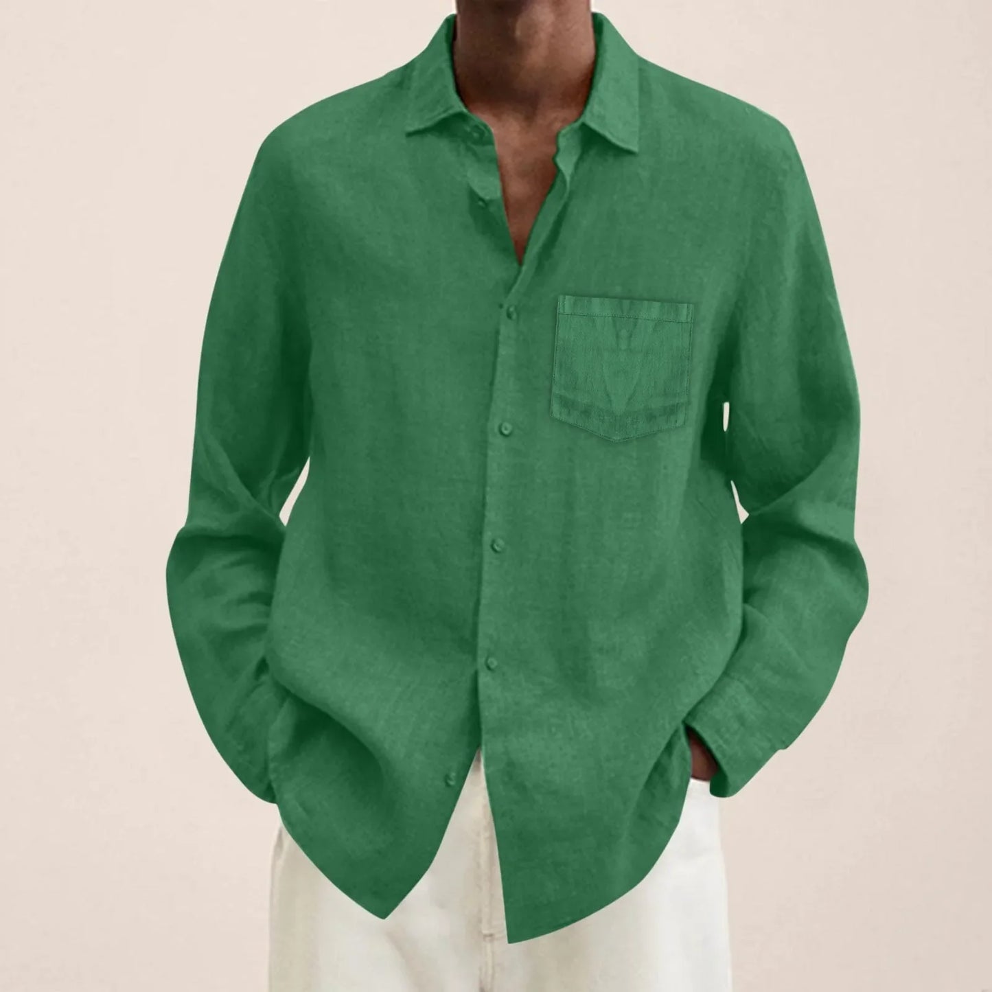 maoxiangshop Male Summer Cotton Linen Solid Casual Plus Size Loose Shirt Mens Turn Down Long Sleeve Shirt