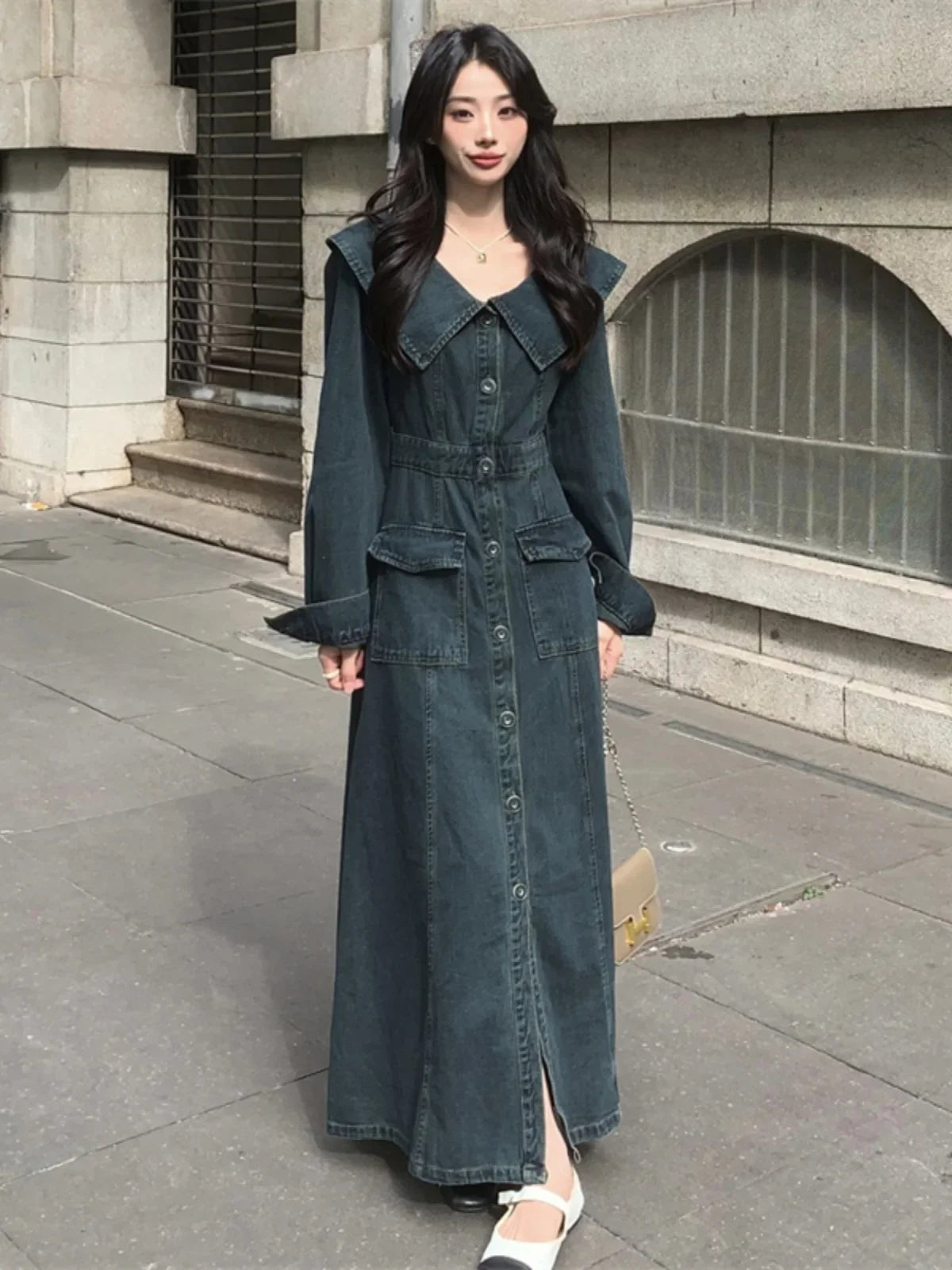 maoxiangshop - Retro Thick Denim Dress 2024 New Autumn Women's Doll Collar Single Breasted Long Sleeve Dress Fashion High Street Slimming Wear