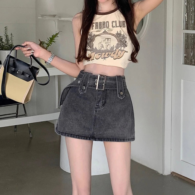 Mini Denim Skirt Women Vintage Sexy High Waist Belt A-line Slim Jeans Skirt Casual Y2K Skort Summer Korean Streetwear