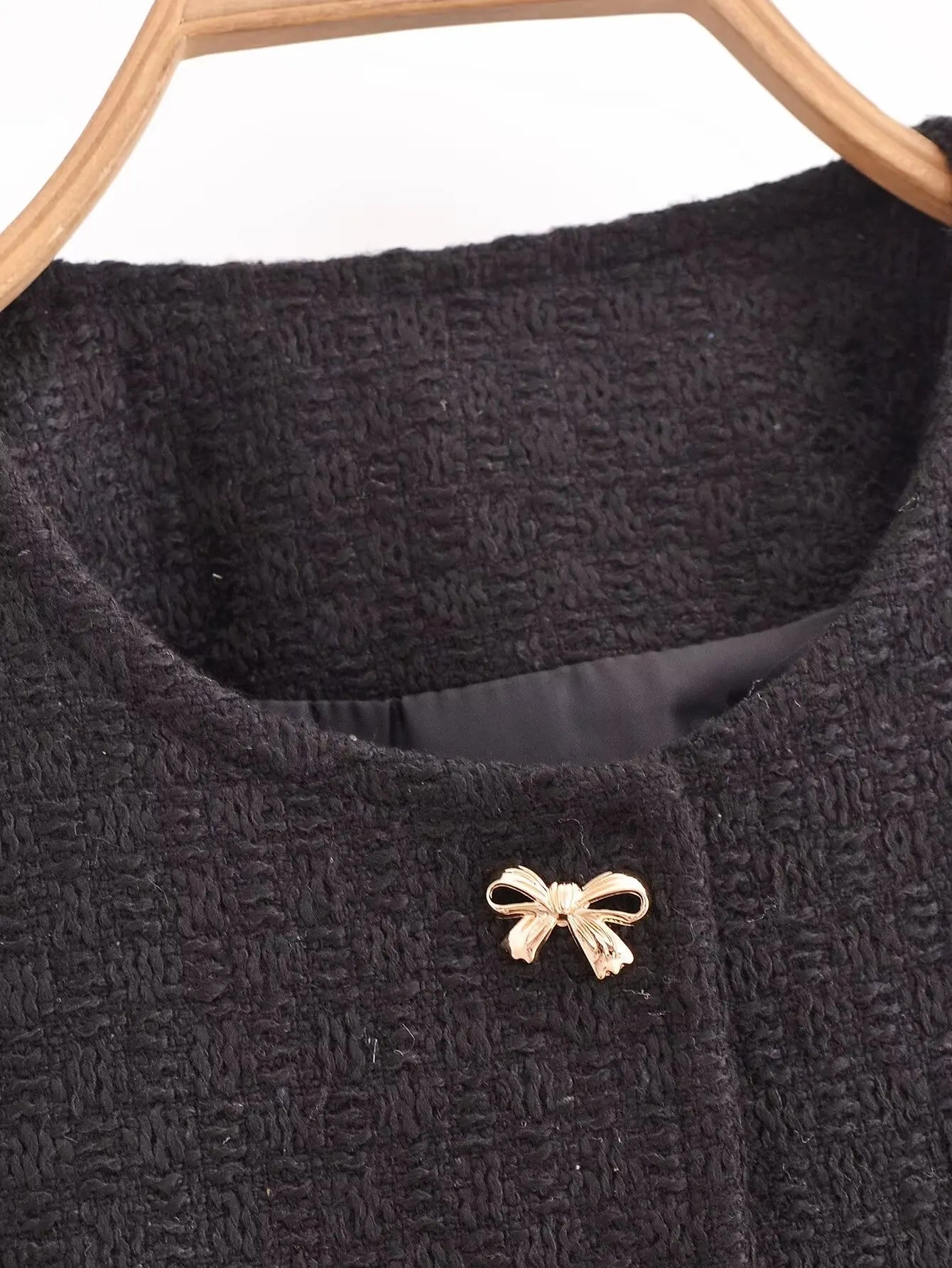 maoxiangshop - Fashion O-Neck Women Jacket Coat 2024 Female Autumn Chic Bow Button with Pockets Outerwear Lady New Black Jackets Coats