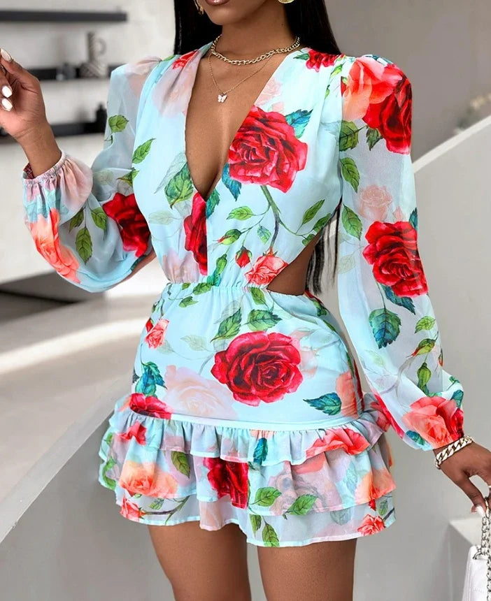 maoxiangshop New Fashion Summer Casual Sexy Dresses for Women Elegant Floral Print Ruffles Layered Dress Female Clothing Outfits