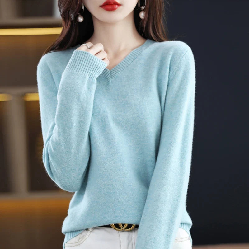 maoxiangshop Cashmere Sweater Women's Knitting Sweater 100% Pure Merino Wool Winter Fashion Basic V-neck Chic Top Autumn Warm Pullover