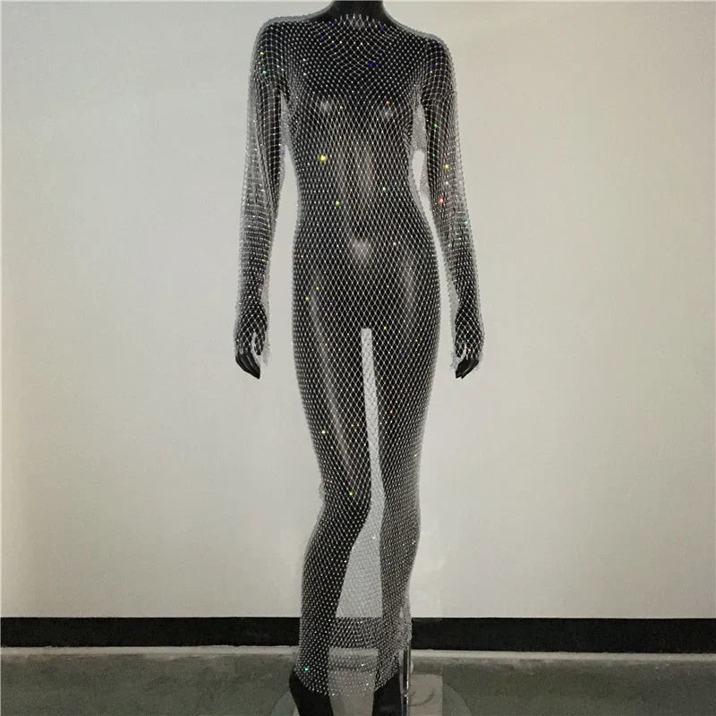 maoxiangshop-Y2K Sexy Shiny Rhinestones Grid Fishnet Dress Long Sleeve Hollow Out Side Slit Dress Beach Cover Up Breathable Lady Vestidos
