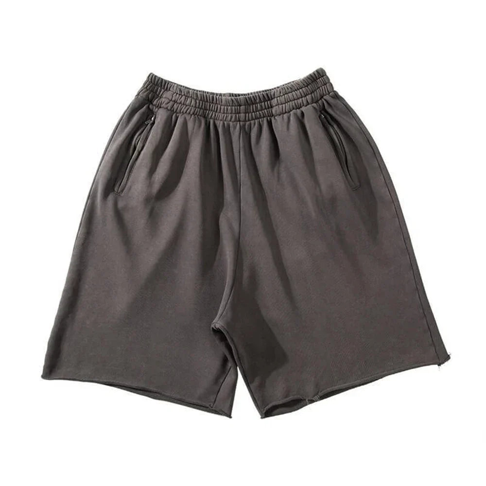 maoxiangshop Men Cotton Shorts Thick 380g Bodybuilding Short Sweatpants Fitness Jogger Gym Men Kanye Grey West Shorts Black Zipper Pockets