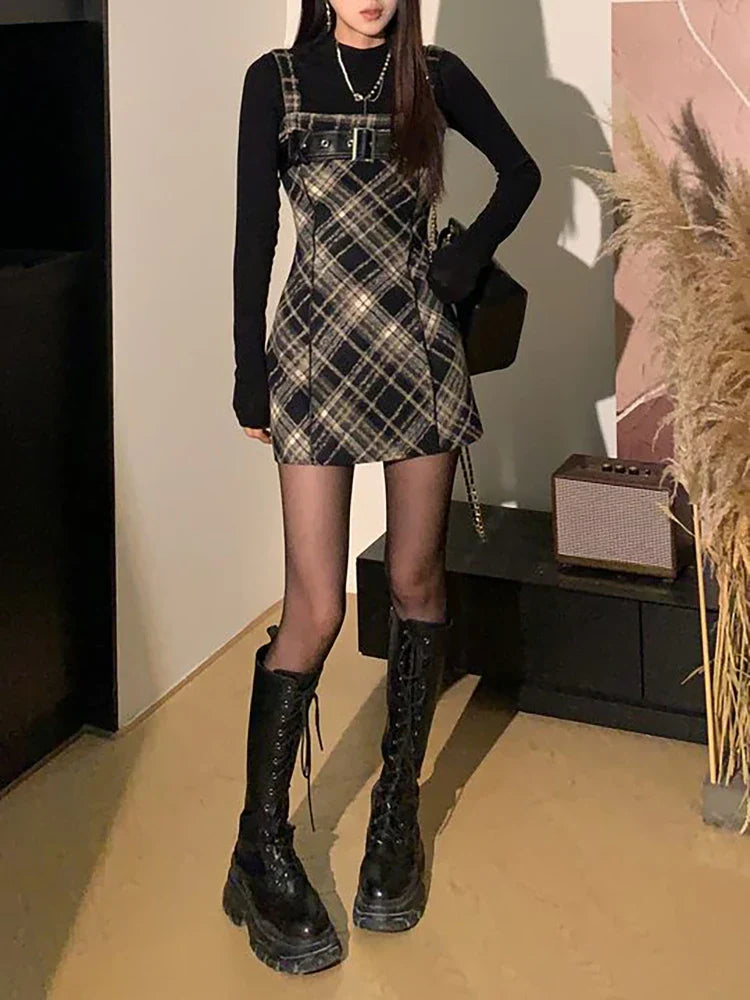 Autumn Elegant Plaid 2 Piece Dress Set Women Outwear Casual Black Blouse + Vintage Slim Strap Dress Korean Fashion Suit
