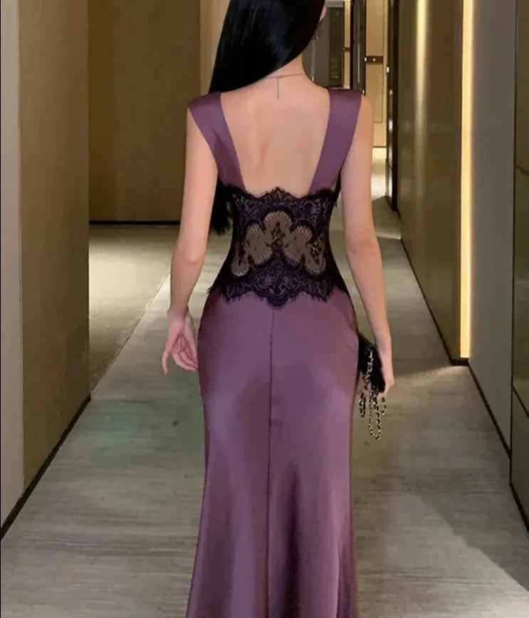 maoxiangshop Lace Patchwork Satin Dress Sleeveless Deep V-neck Sexy Bodycon Long Dresses Women Fashion Elegant Party Dress