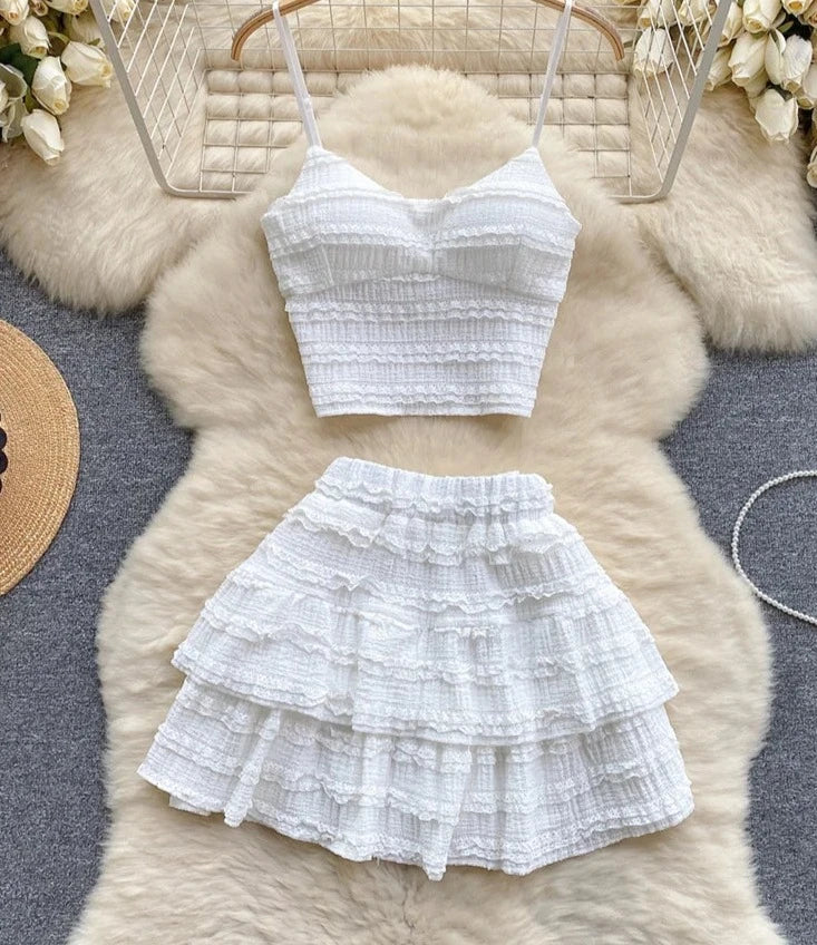 maoxiangshop Sweet Ruched Two Pieces Sets V Neck Strap Crop Tops+Short Pleated Skirt Women Korean Style Chic Summer Beachwear Suits