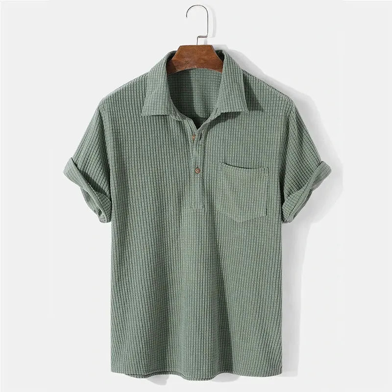 maoxiangshop Summer Mens Casual Plaid Polo Shirts Top Turn-Down Collar Button Blouse Short Sleeve Solid Pocket Blouse Shirt Men Clothing